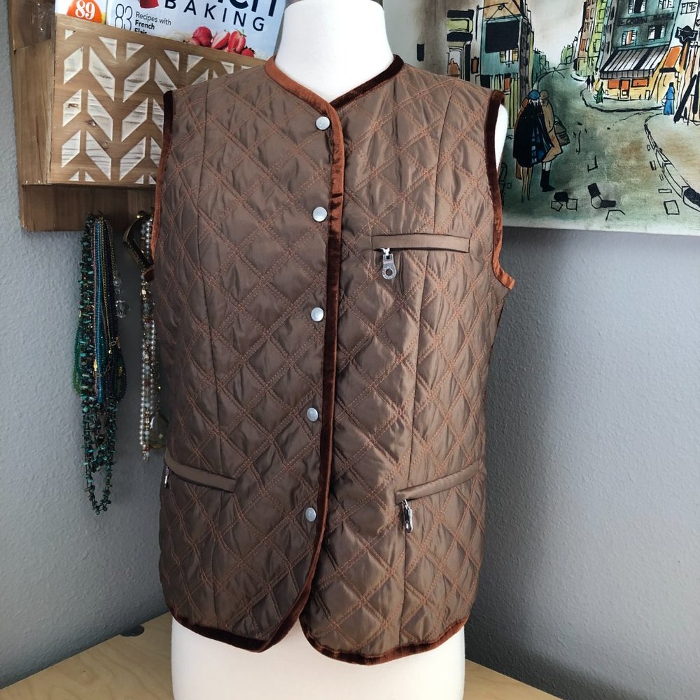 Lanvin Sport Quilted Vest Women's size L Rust Brown Velvet Trim Zip Up D4V5251